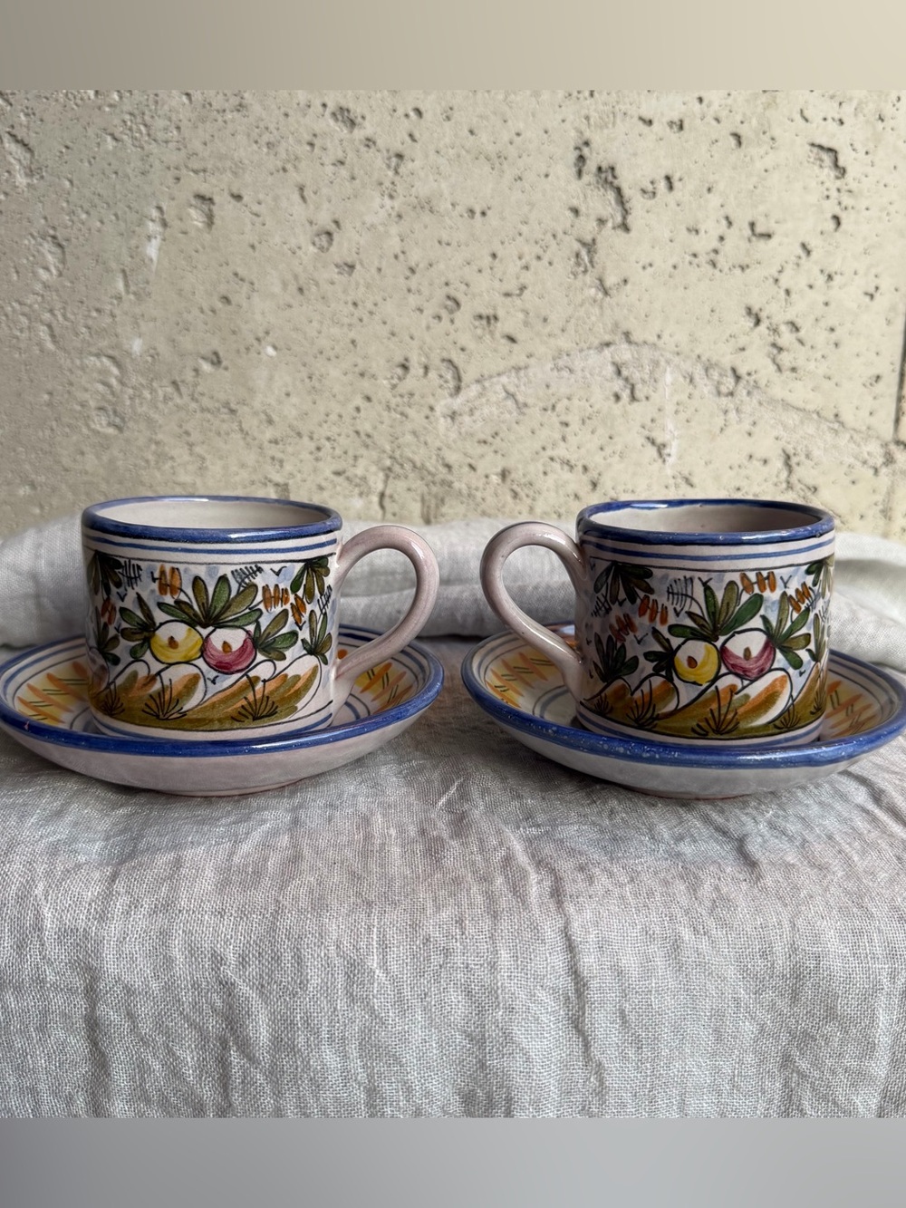 Set of Vintage Hand-painted Cups with Saucers from Portugal